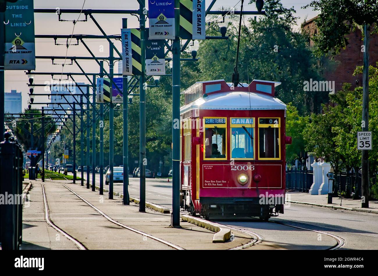 A New Orleans streetcar heads toward the waterfront on the Canal Street route, Nov. 14, 2015, in New Orleans, Louisiana. Stock Photo