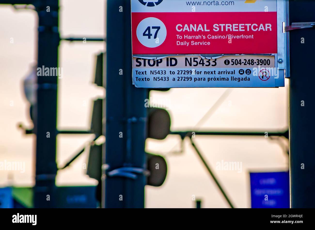 A sign designates a New Orleans streetcar stop on the Canal Street Line, Nov. 14, 2015, in New Orleans, Louisiana. Stock Photo