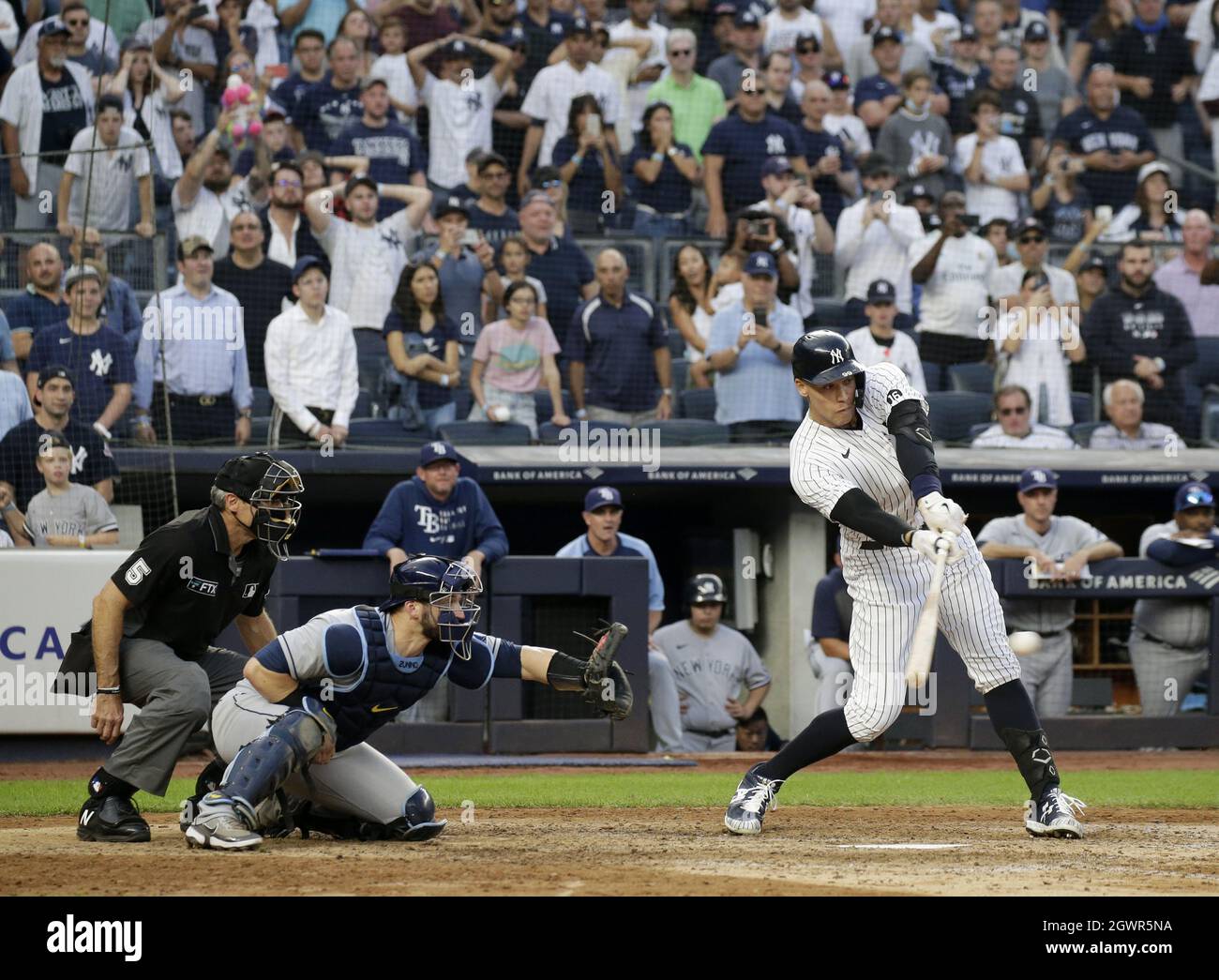Bronx, United States. 03rd Oct, 2021. New York Yankees Aaron Judge hits a walk  off infield single in the 9th inning defeating the the Tampa Bay Rays 1-0  at Yankee Stadium on