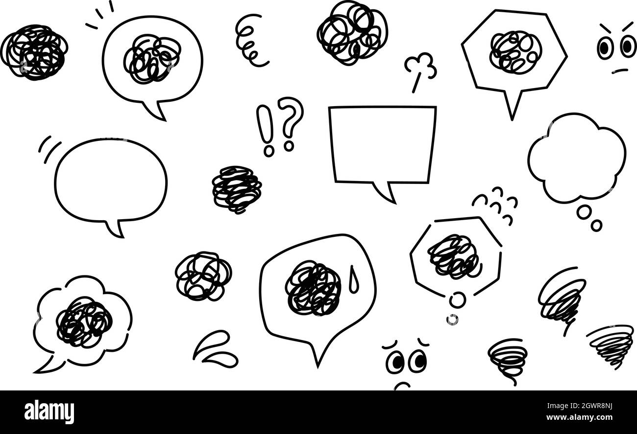 Set of hand-drawn speech bubbles and marks for a comic book design. Vector illustration isolated on white background. Stock Vector