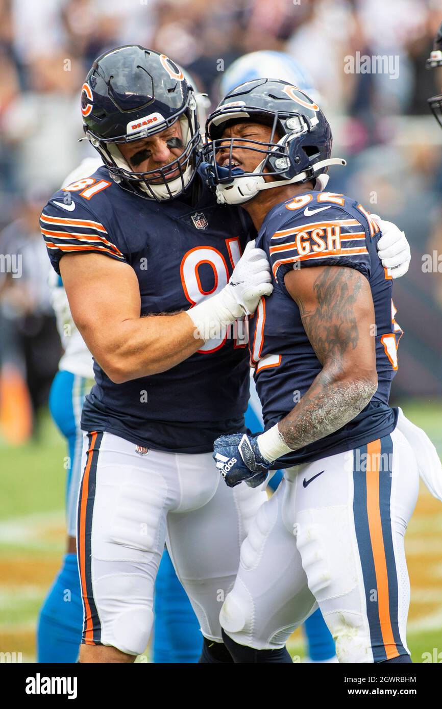 Chicago, Illinois, USA. 03rd Oct, 2021. - Bears #32 David Montgomery  (right) celebrates his touchdown with teammate #81 J.P. Holtz during the  NFL Game between the Detroit Lions and Chicago Bears at