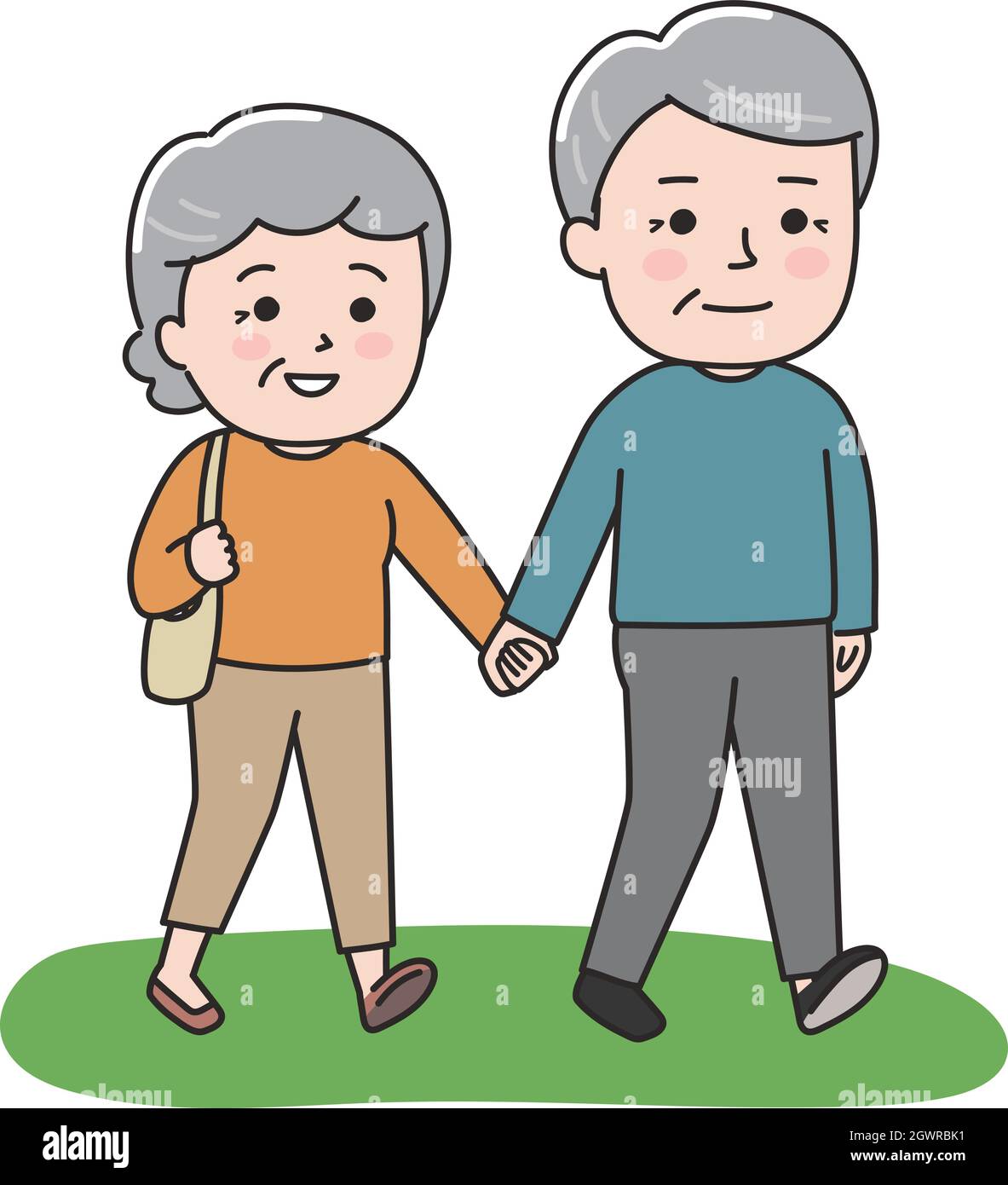 The elderly couple happily walked hand in hand. Vector illustration on a white background. Stock Vector