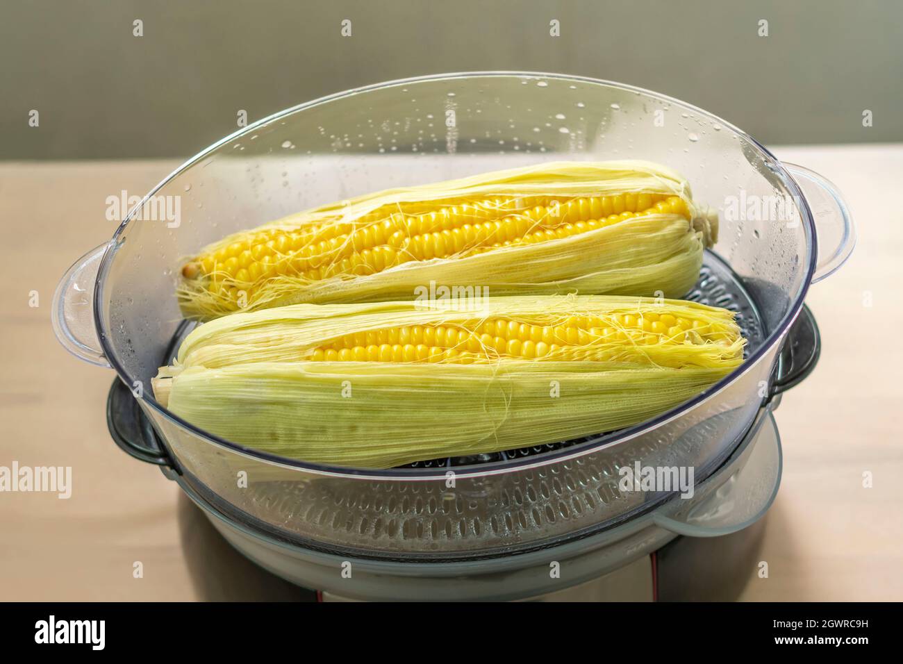 Close-up Of Corn On The Cob In A Steamer Stock Photo