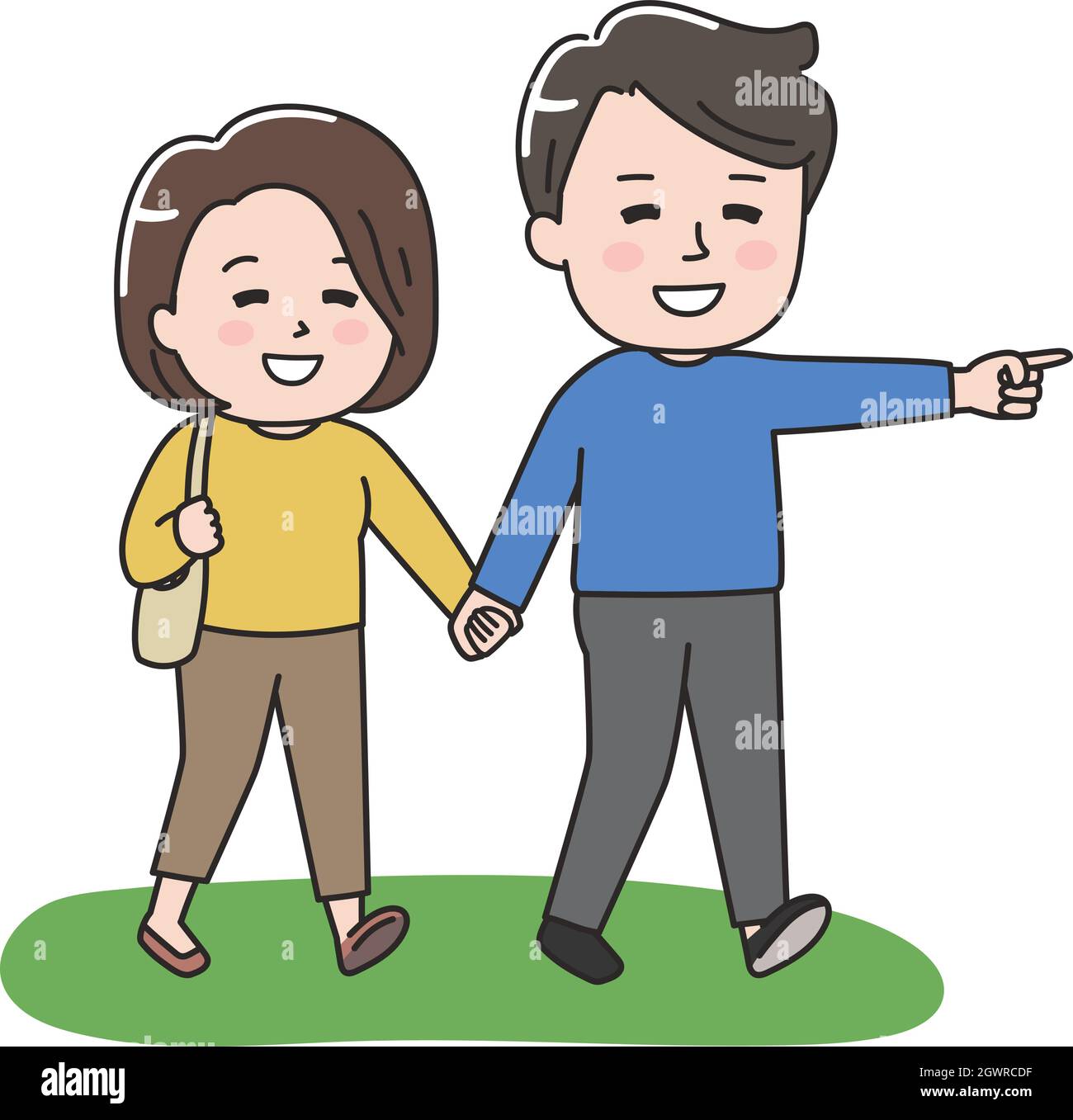 The couple happily goes traveling hand in hand. Vector illustration on a white background. Stock Vector