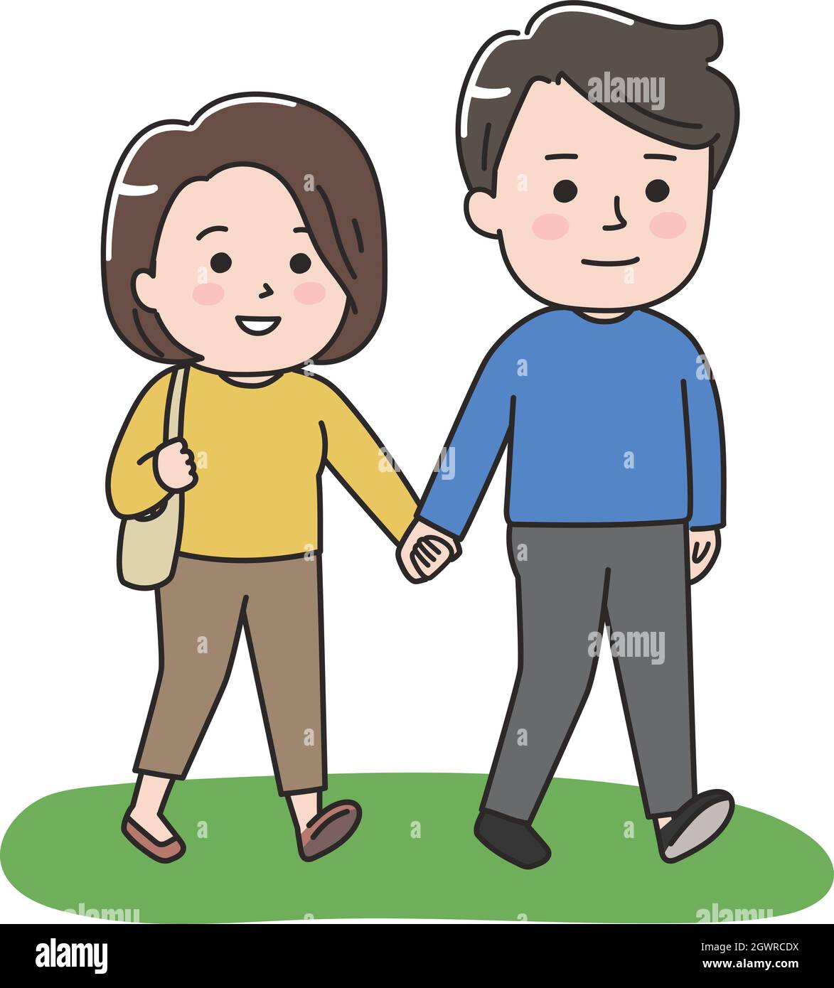 The couple happily walking hand in hand. Vector illustration on a white background. Stock Vector