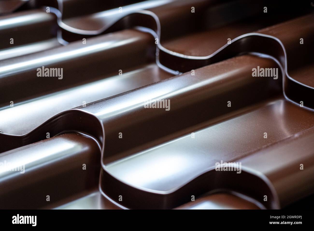 Metallic roof tile pattern background close up. Stock Photo