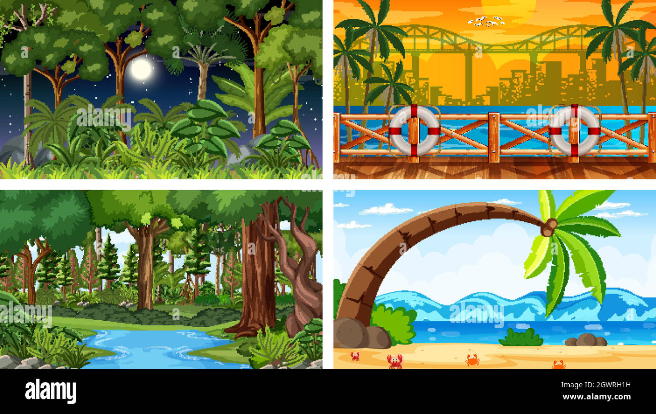Four different nature horizontal scenes Stock Vector