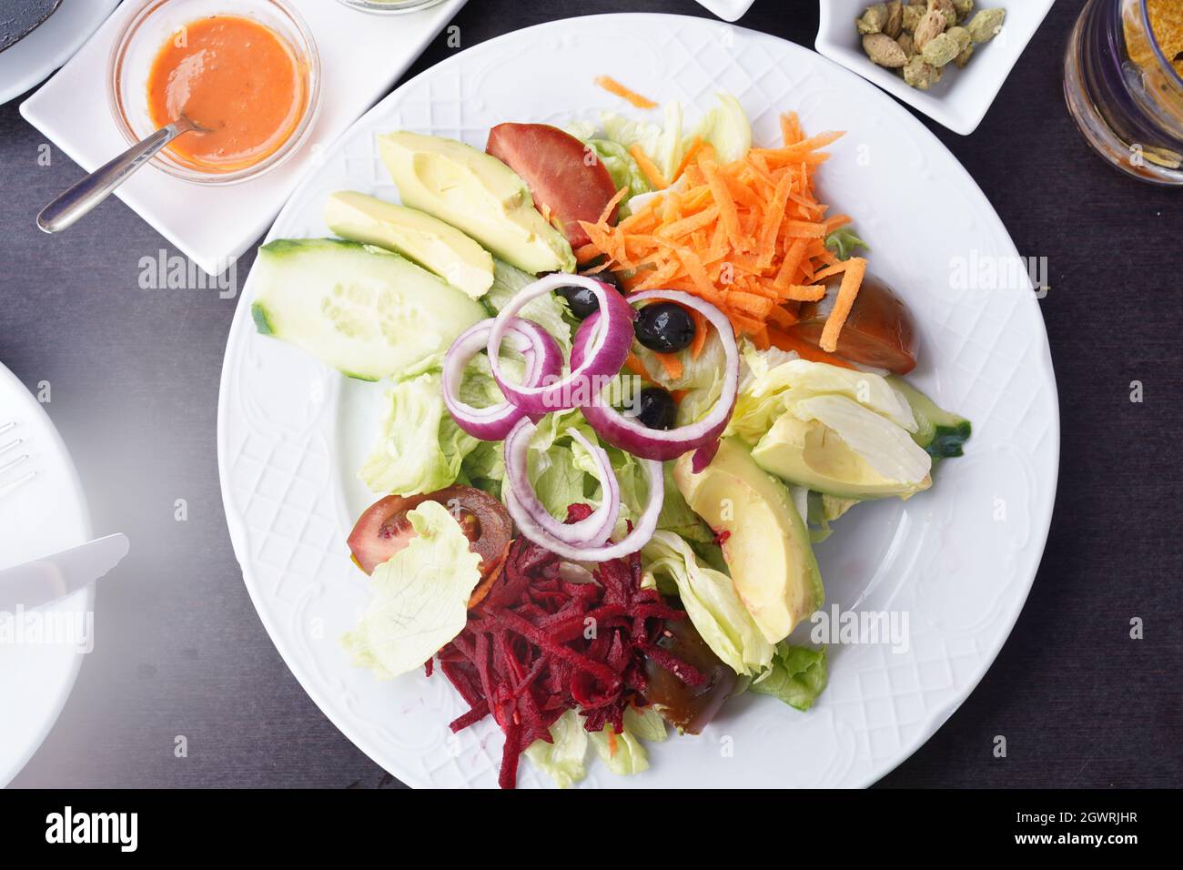 High Angle View Of Salad Served On Table Stock Photo