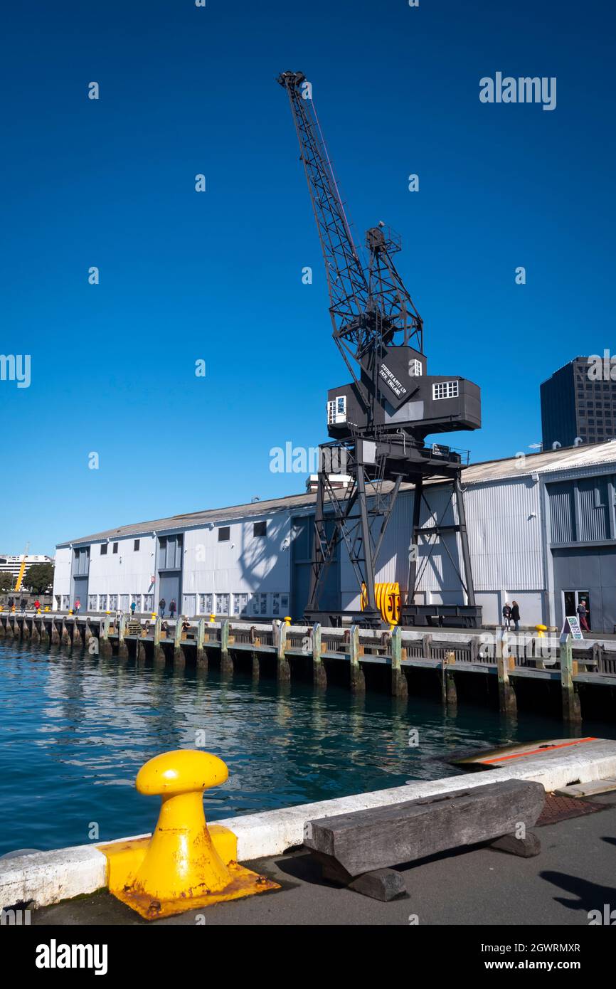 Historic crane on Queens Wharf, Wellington, North Island, New Zealand Stock Photo
