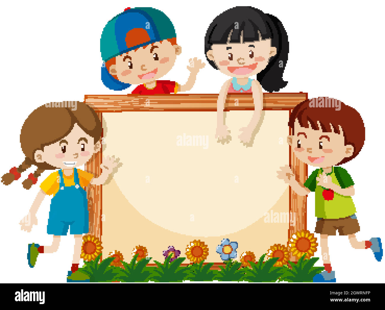 Frame template with happy kids in garden Stock Vector