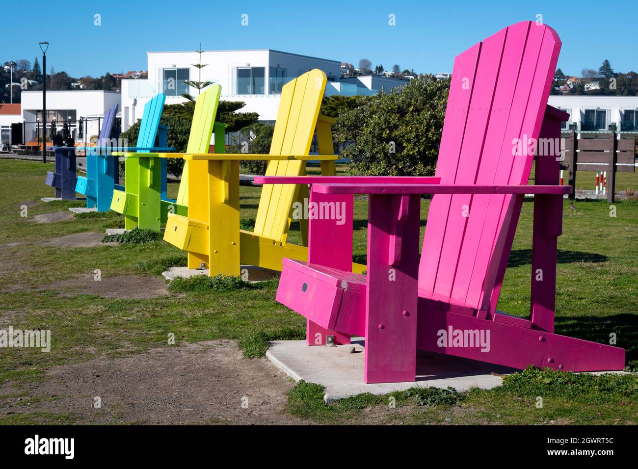 Large coloured chairs on waterfront at Napier, Hawkes Bay, North Island, New Zealand Stock Photo