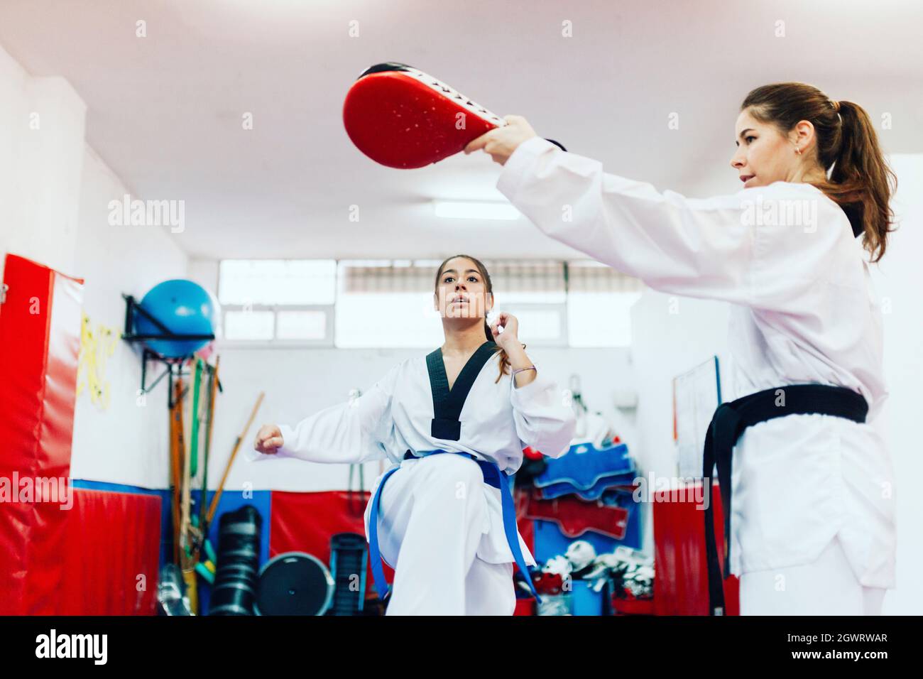 Instructor Teaching Martial Arts To Young Woman Stock Photo Alamy
