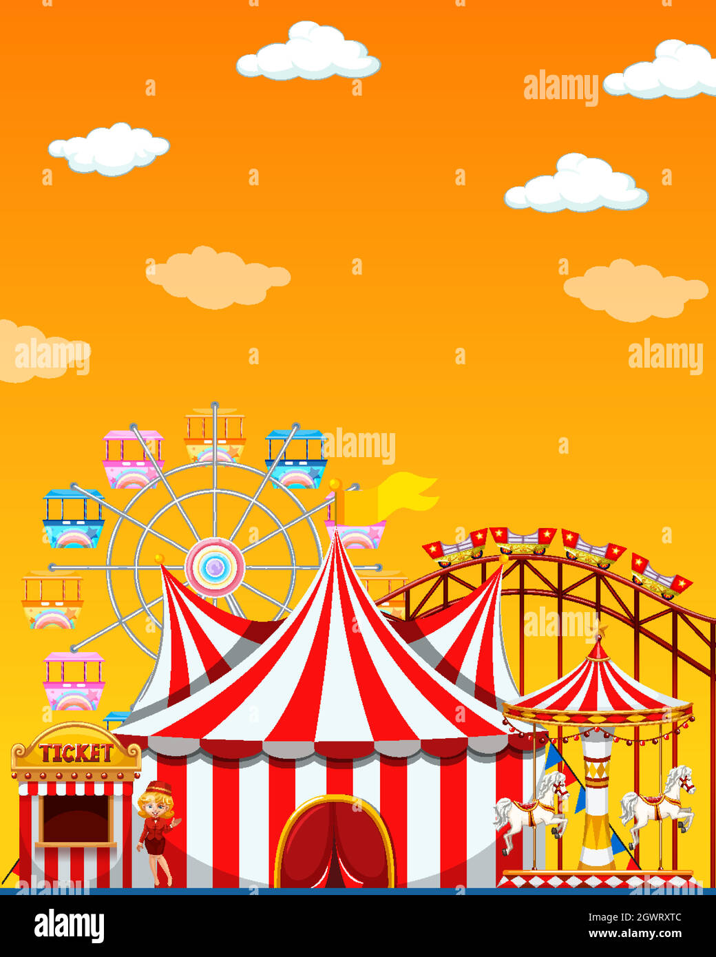 Amusement park scene at daytime with blank yellow sky Stock Vector ...