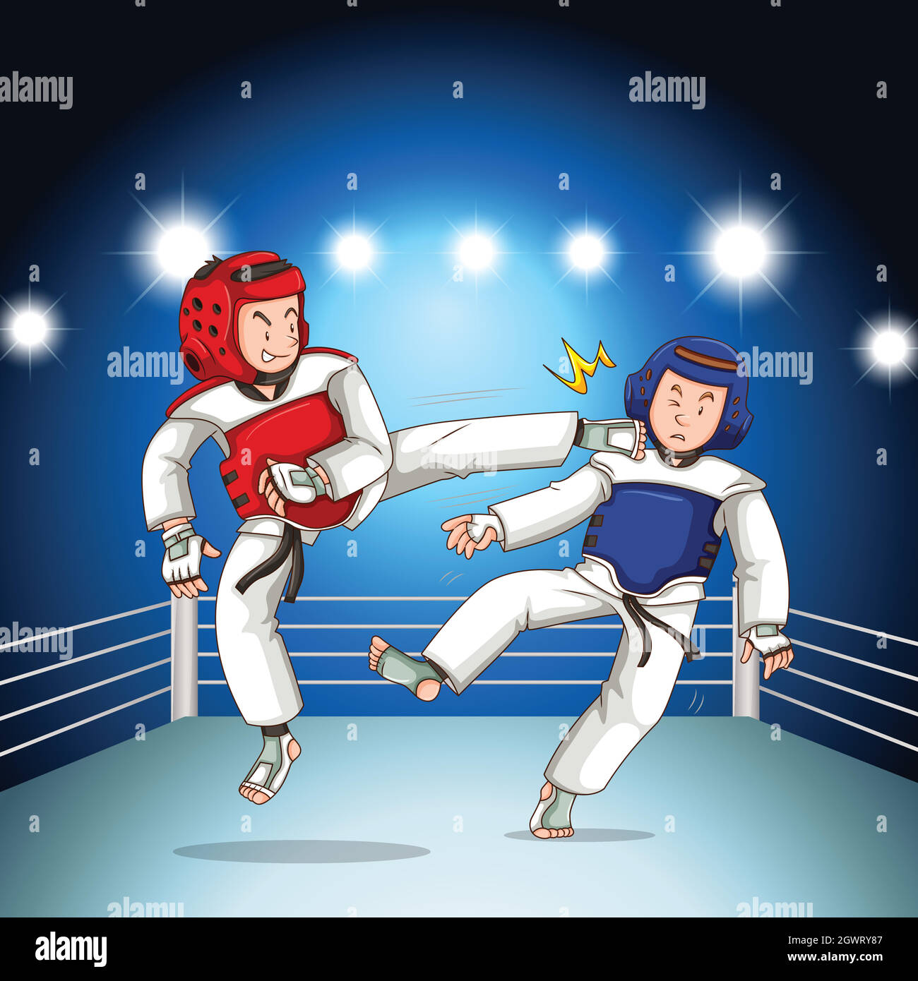 Taekwondo Fight. A hand drawn vector cartoon illustration of 2 guys fighting.  Stock Vector