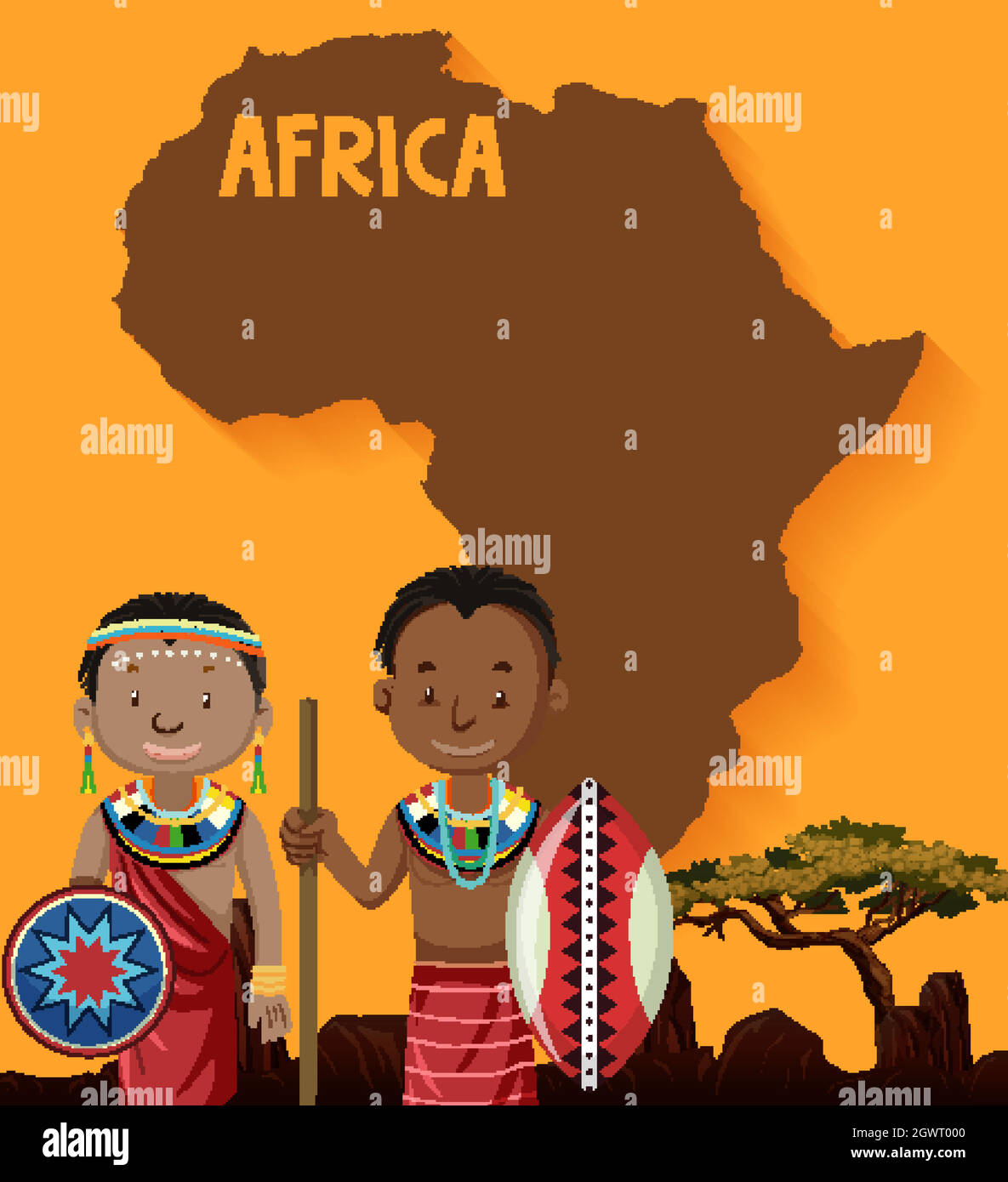 Native african tribes with map on the background Stock Vector