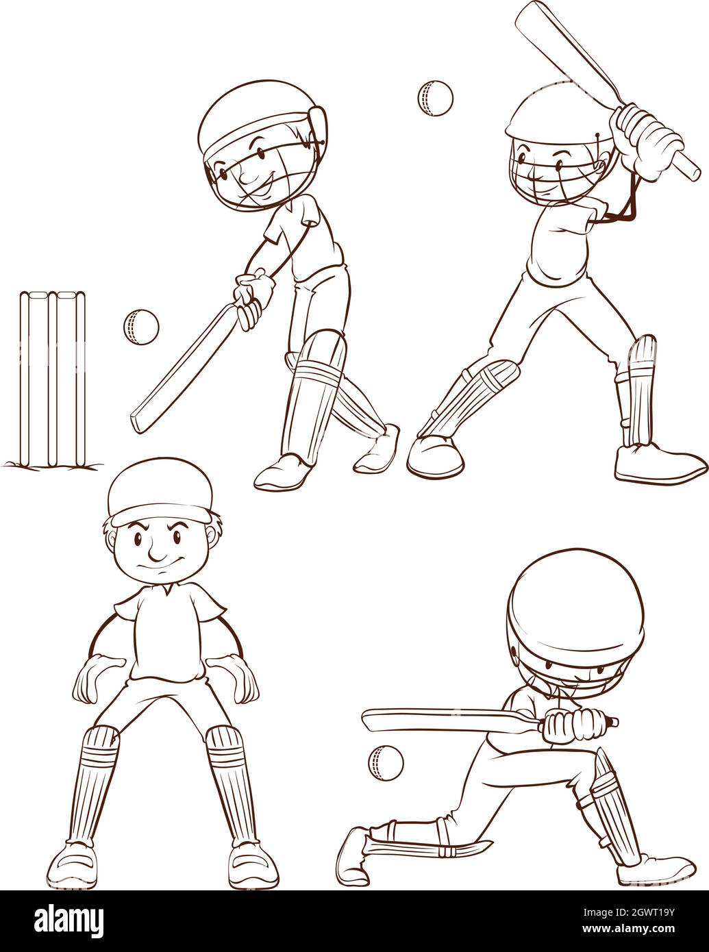 A simple sketch of the men playing cricket Stock Vector