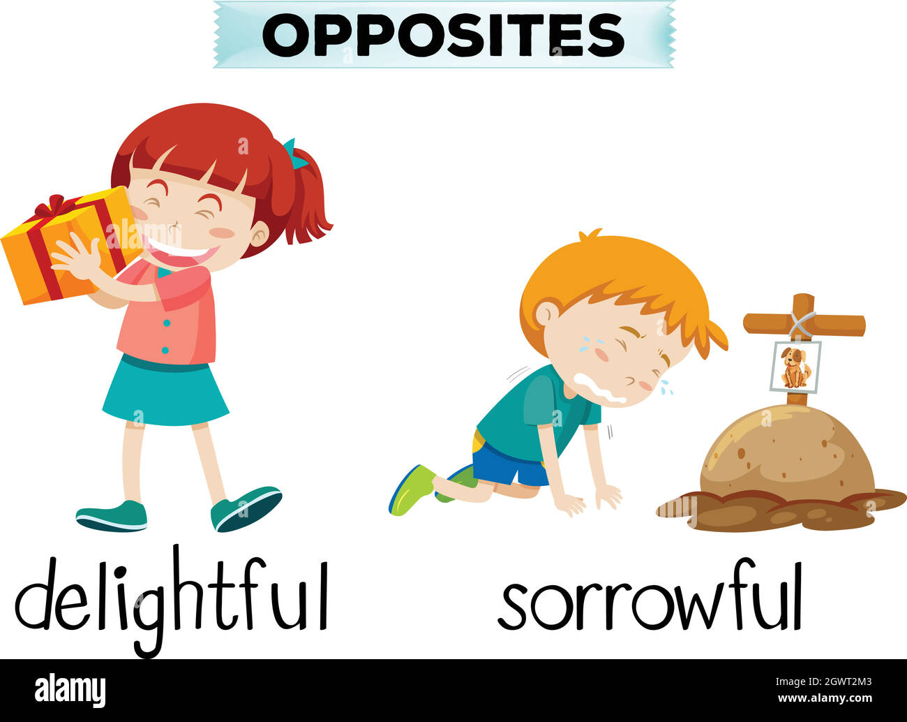 English opposite word of delightful and sorrowful Stock Vector