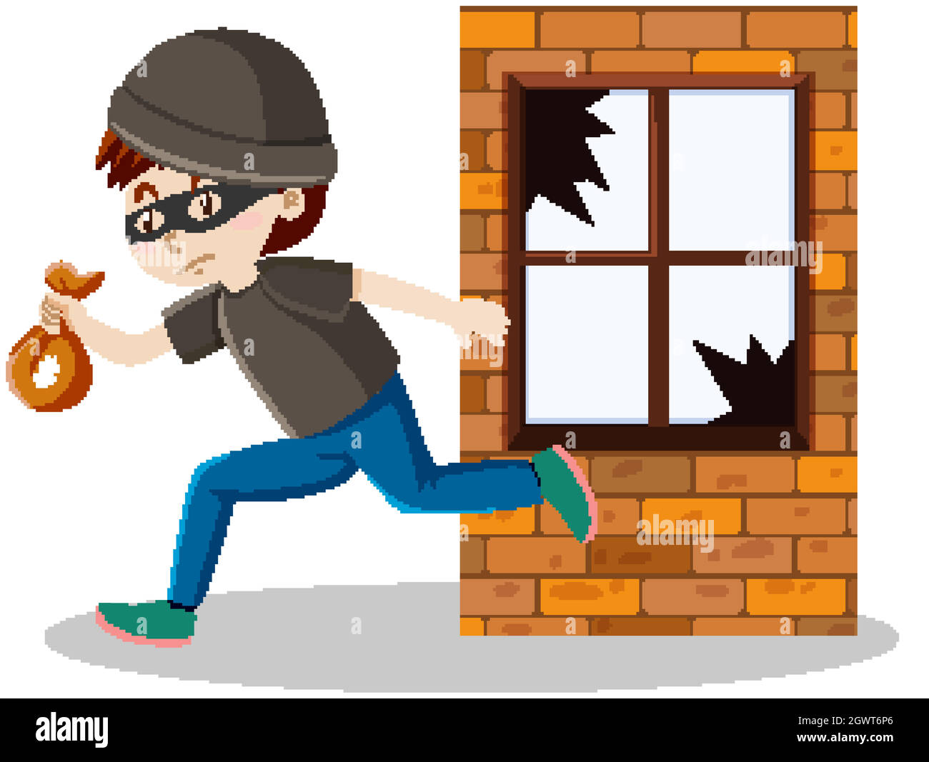 Robber or thief broke the window glass and holding small money bag cartoon isolated Stock Vector