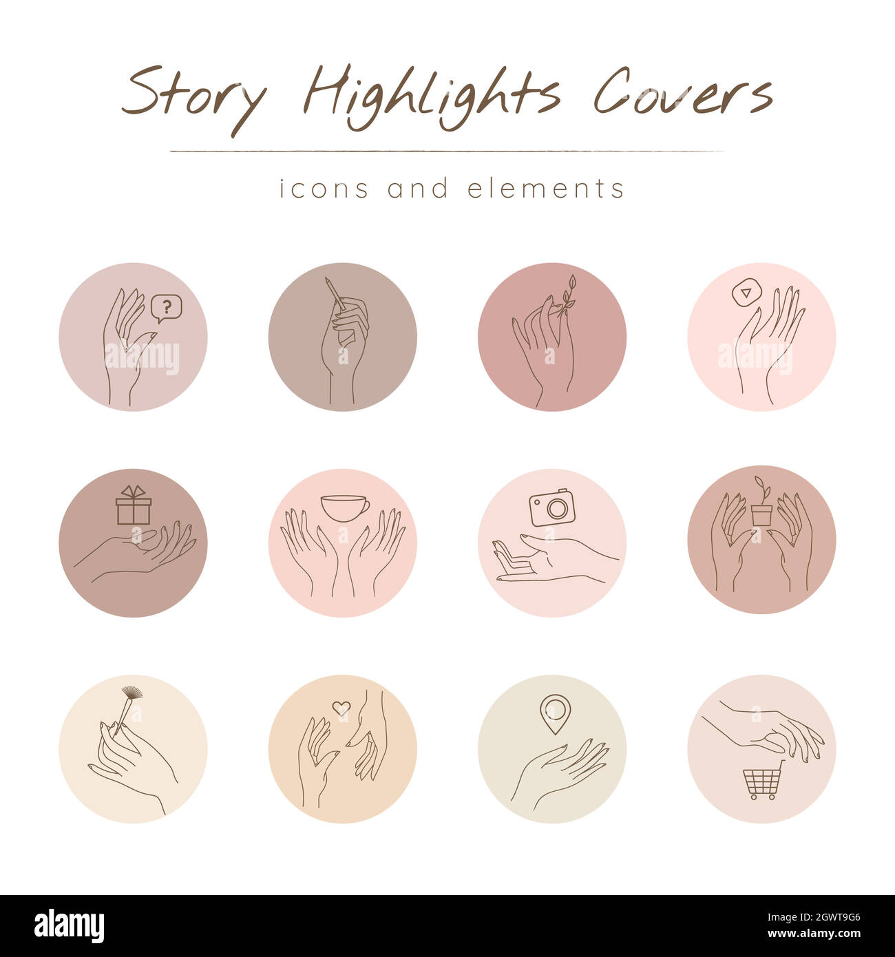 Social media highlight covers set. Stories pastel modern backgrounds with hands in different gestures and minimal variables linear Icons. Stock Vector