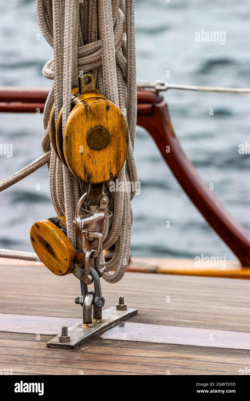 Ropes And Blocks On A Sailboat Stock Photo Alamy