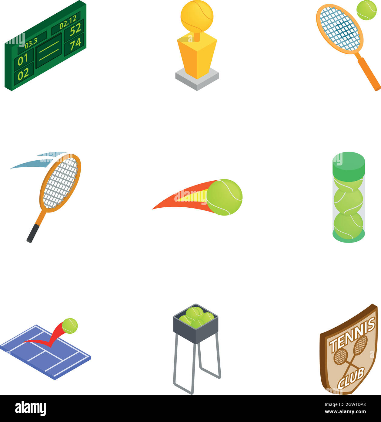 Tennis elements icons set, isometric 3d style Stock Vector