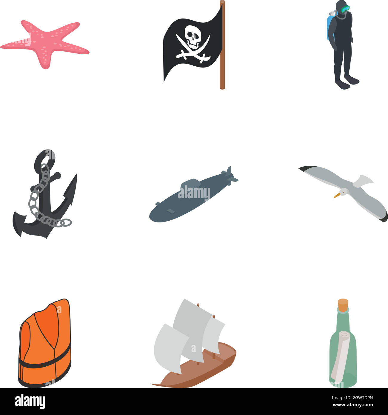Nautical icons set, isometric 3d style Stock Vector