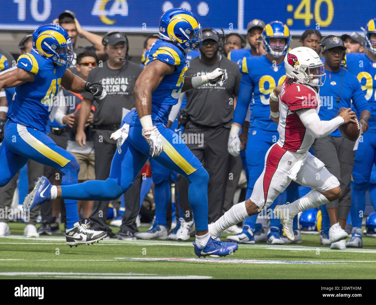 Inglewood, United States. 03rd Oct, 2021. during the first half of the game between the Los Angeles Rams and the Arizona Cardinal at SoFi Stadium in Inglewood, California on Sunday, October 3, 2021.The Arizona Cardinals beat the Los Angeles Rams 37-20. Photo by Michael Goulding/UPI Credit: UPI/Alamy Live News Stock Photo
