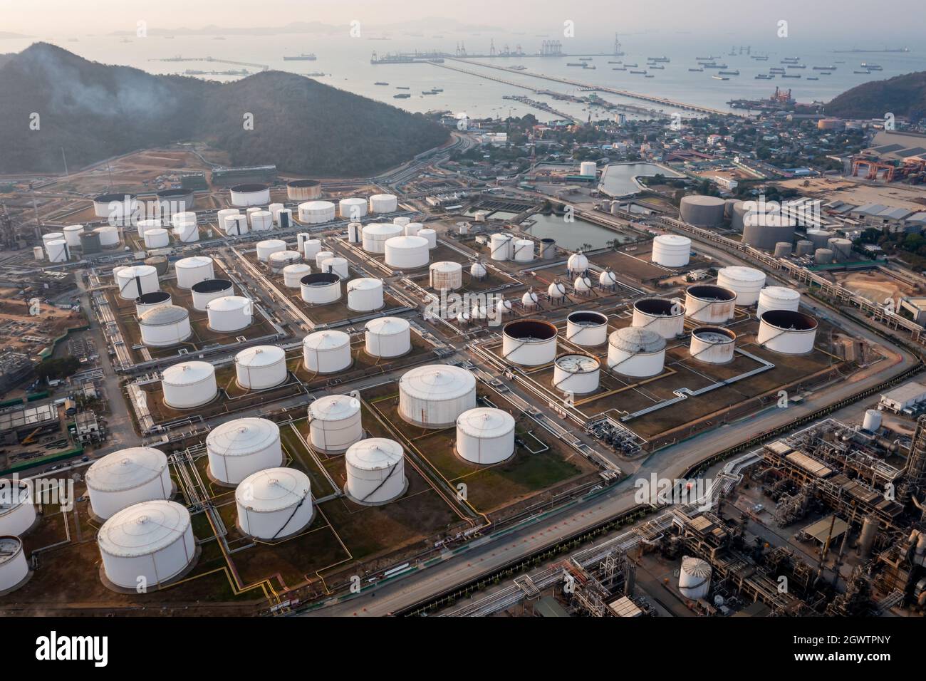 Aerial Top View Oil And Gas Refinery Background, Business Petrochemical