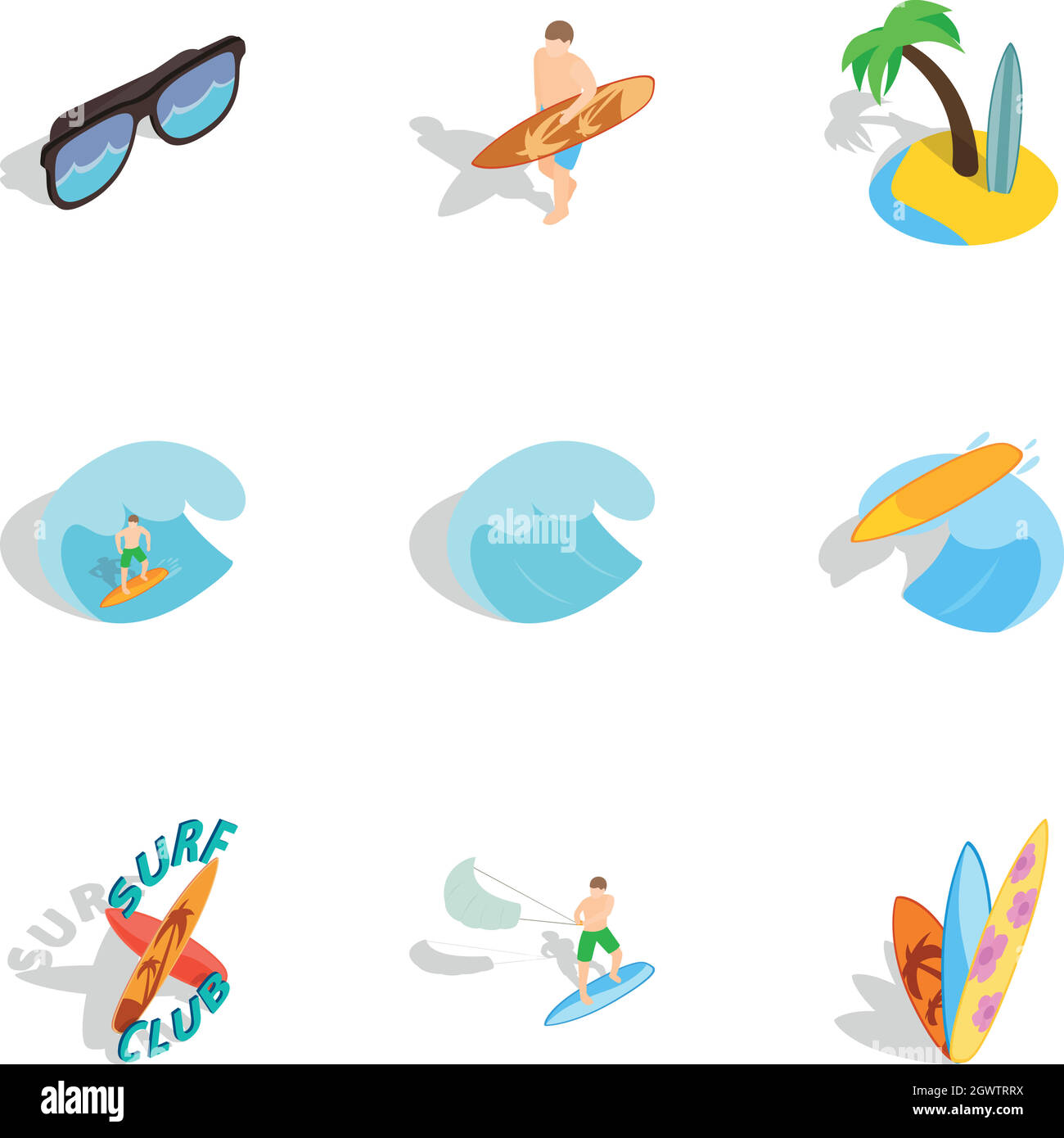 Summer boarding on waves icons set Stock Vector