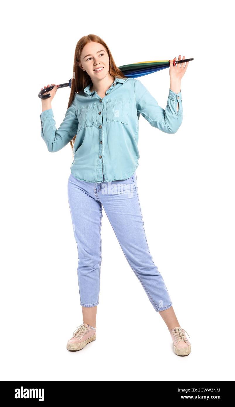 Young woman with umbrella on white background Stock Photo - Alamy