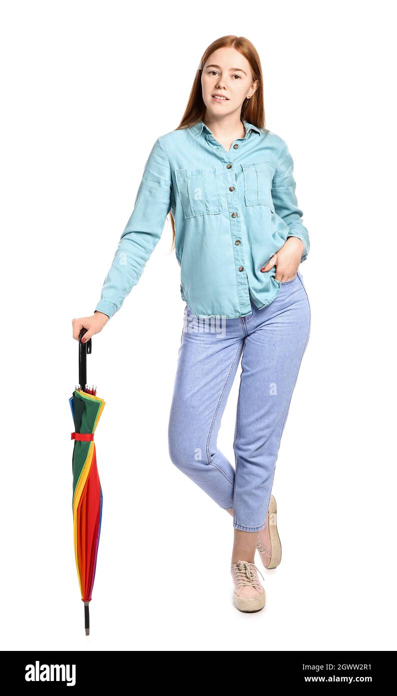 Young woman with umbrella on white background Stock Photo - Alamy