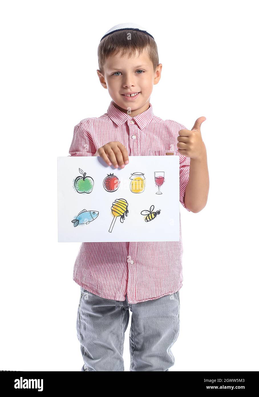 Little boy holding paper with drawings for Rosh Hashanah (Jewish New ...