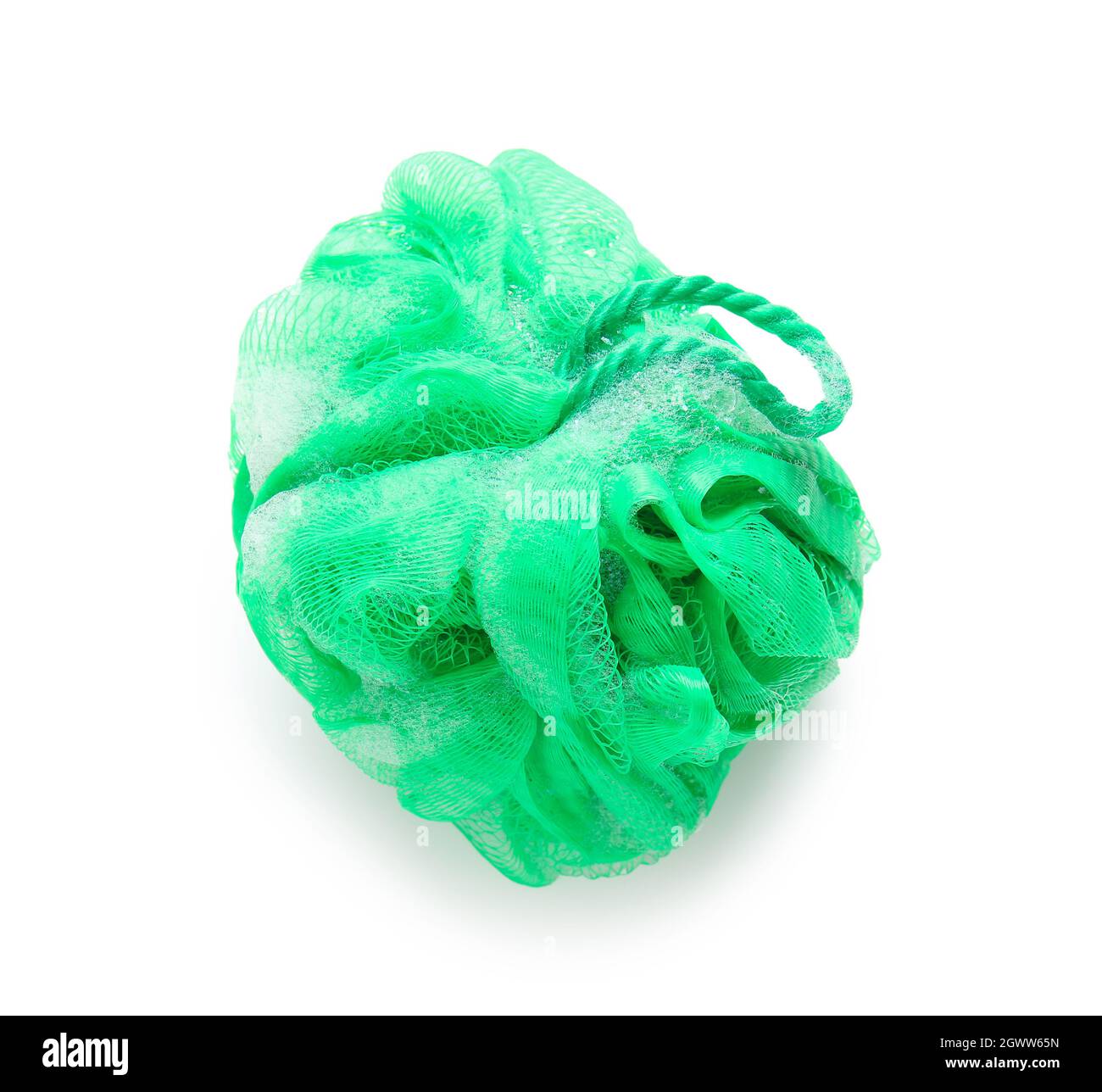Green bath sponge with foam on white background Stock Photo - Alamy