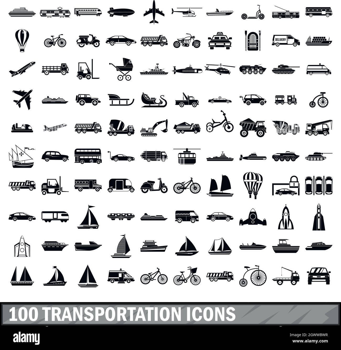 100 transportation icons set in simple style Stock Vector