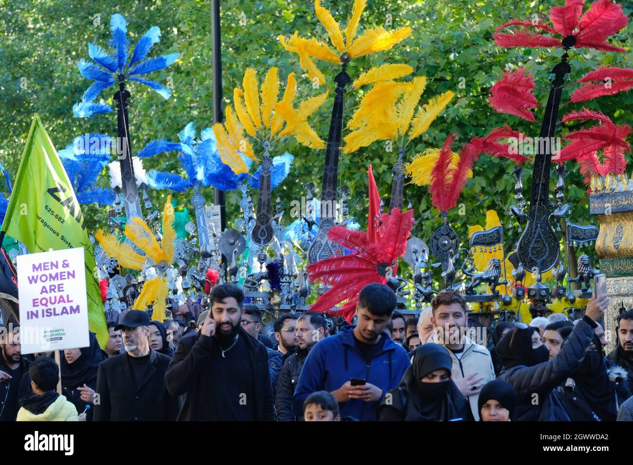 London, UK. Shia Muslims take part in a procession, now in its 41st year to honour the life of the Prophet Muhammad's grandson, Hussain. Stock Photo