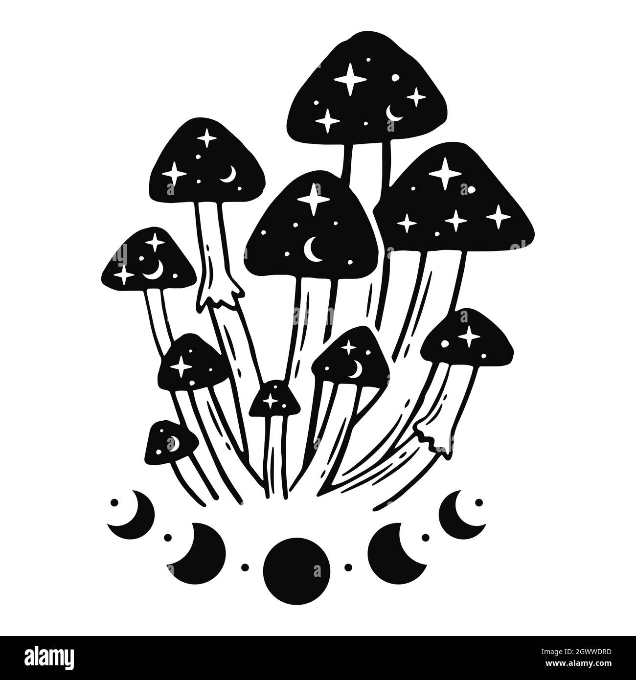 Black and white illustrations with magic mushrooms and moon phases. Stock Vector