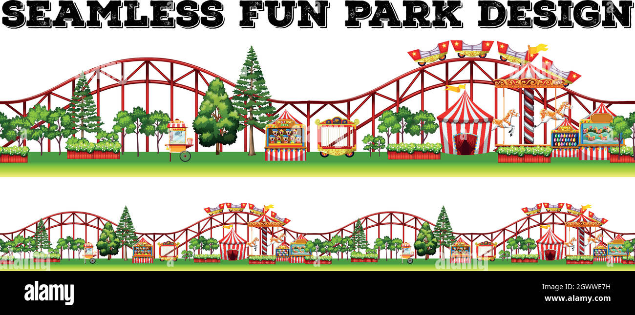 Seamless fun park design with many rides Stock Vector