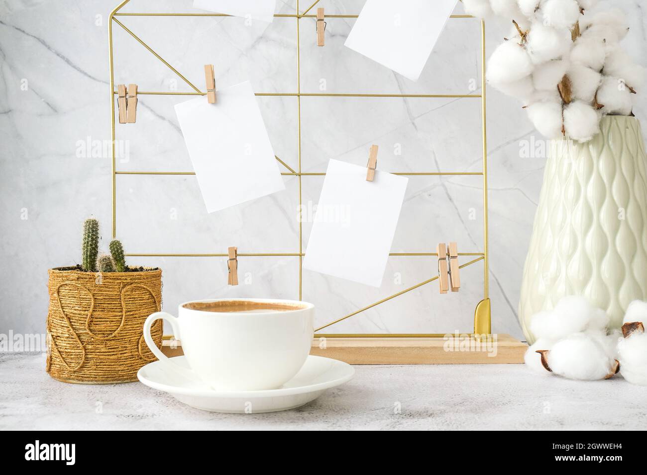 White Home Office Room Interior, Bloggers Workplace. Cup Of Coffee