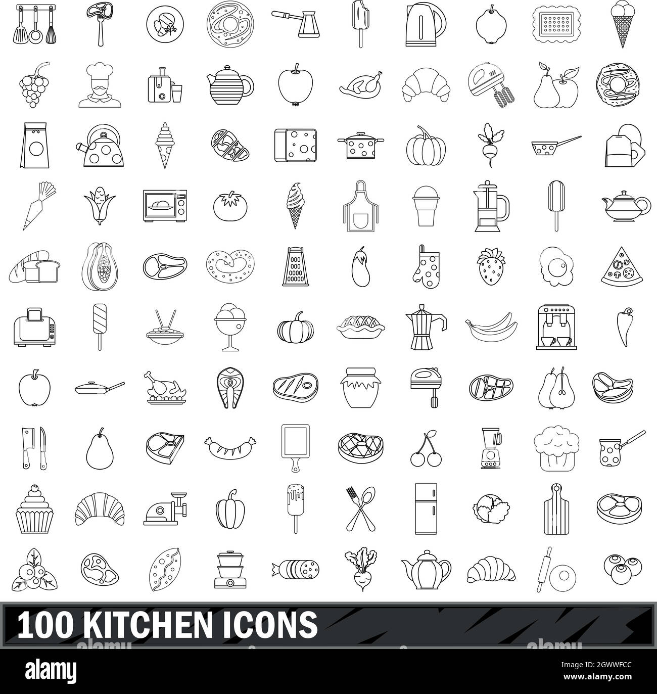 100 kitchen icons set, outline style Stock Vector