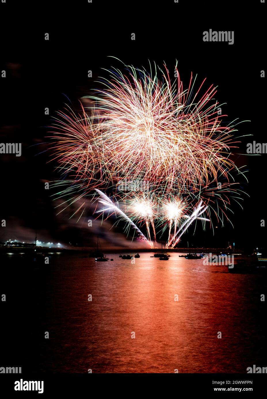 Fireworks Display Over The Harbour In Plymouth As Part Of The 2021 British Firework Championships.. Stock Photo