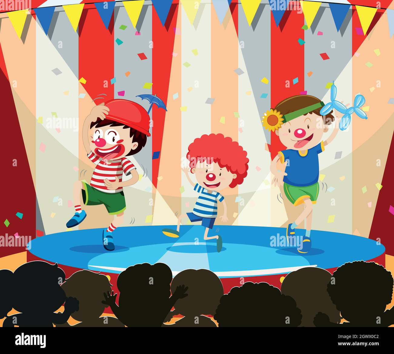 Tree clown perform on stage Stock Vector