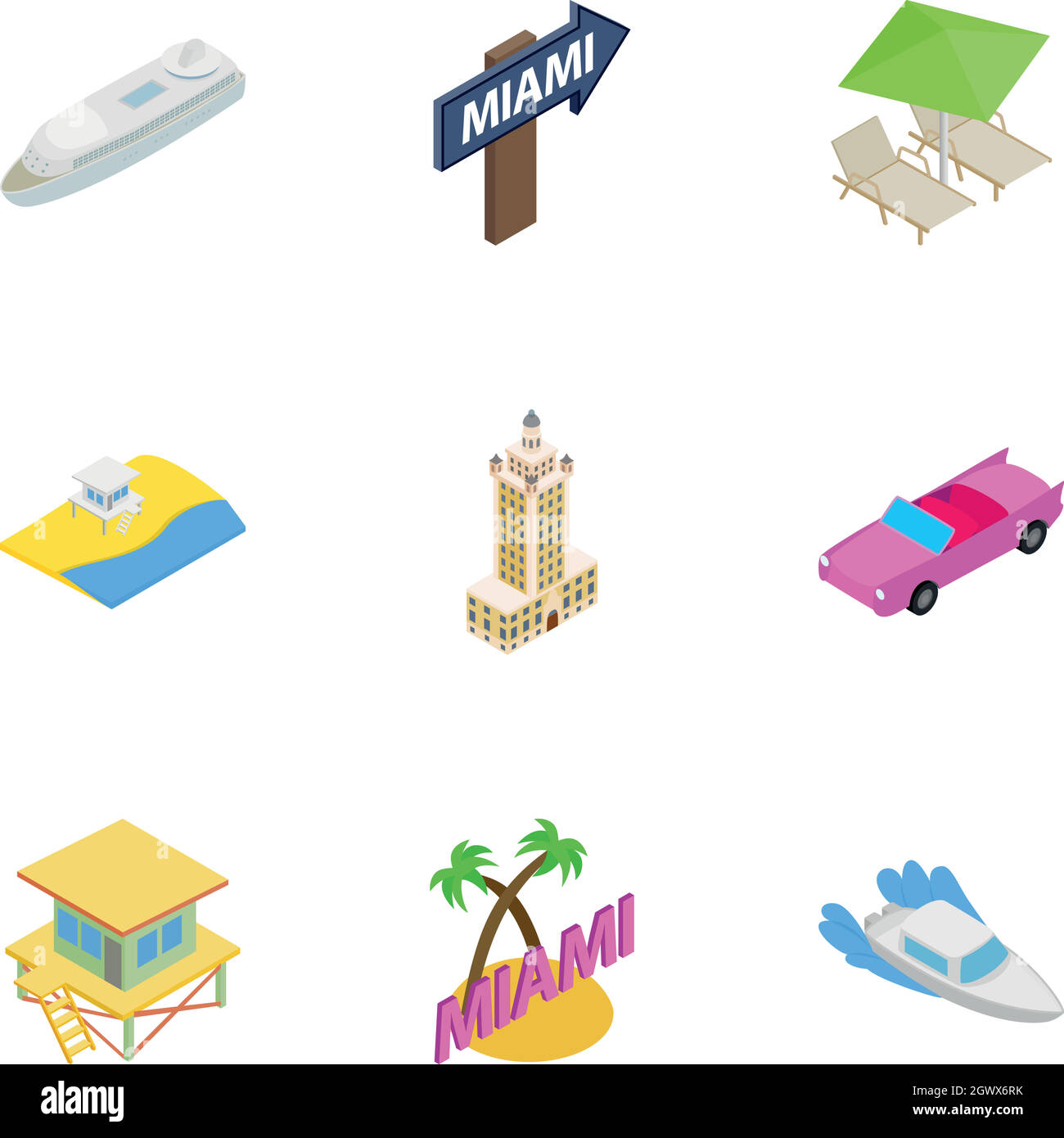 Miami Beach, Florida icons set, isometric 3d style Stock Vector