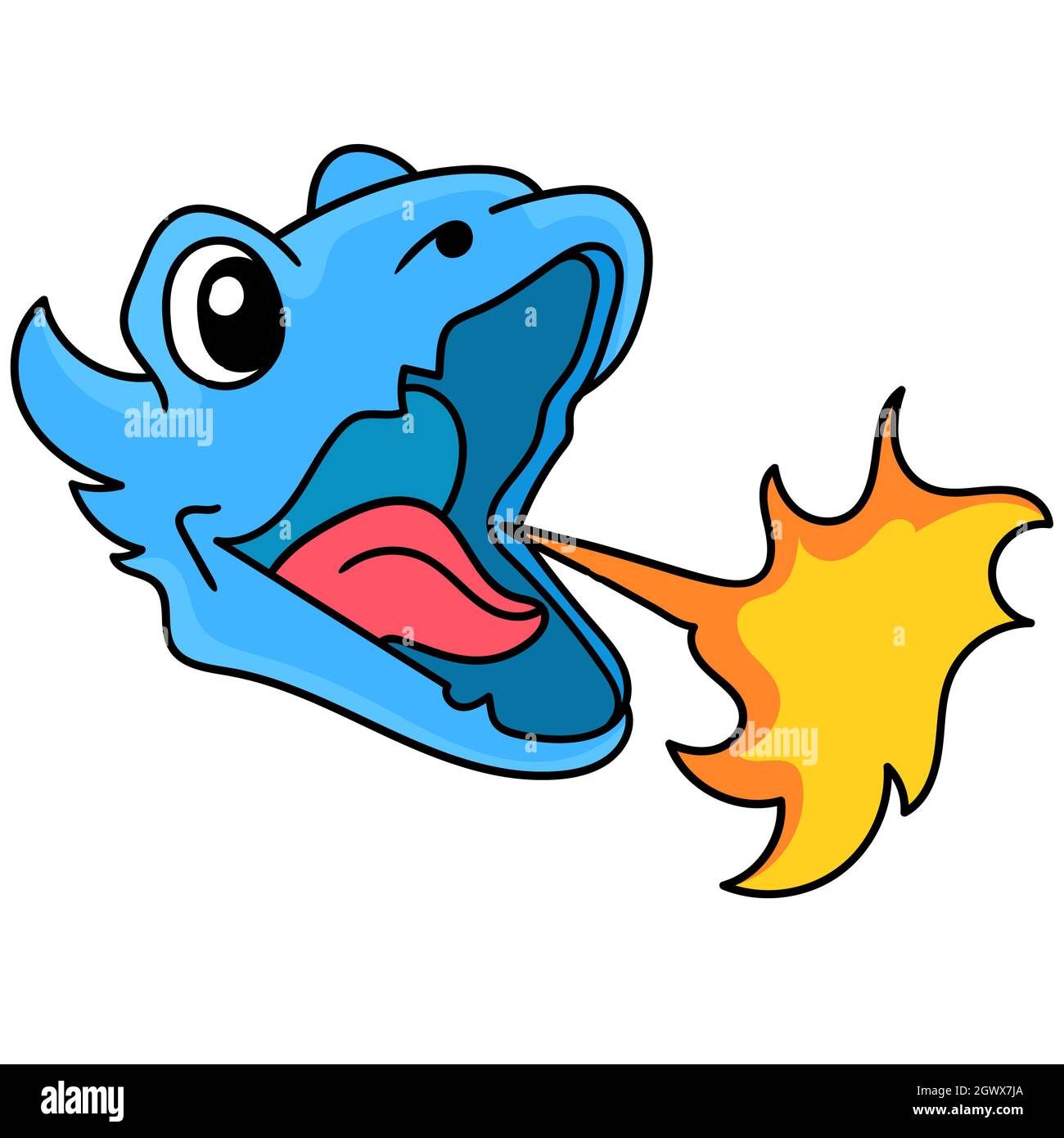 blue dragon head emoticon spitting out hot flames, doodle draw kawaii. vector illustration art Stock Vector