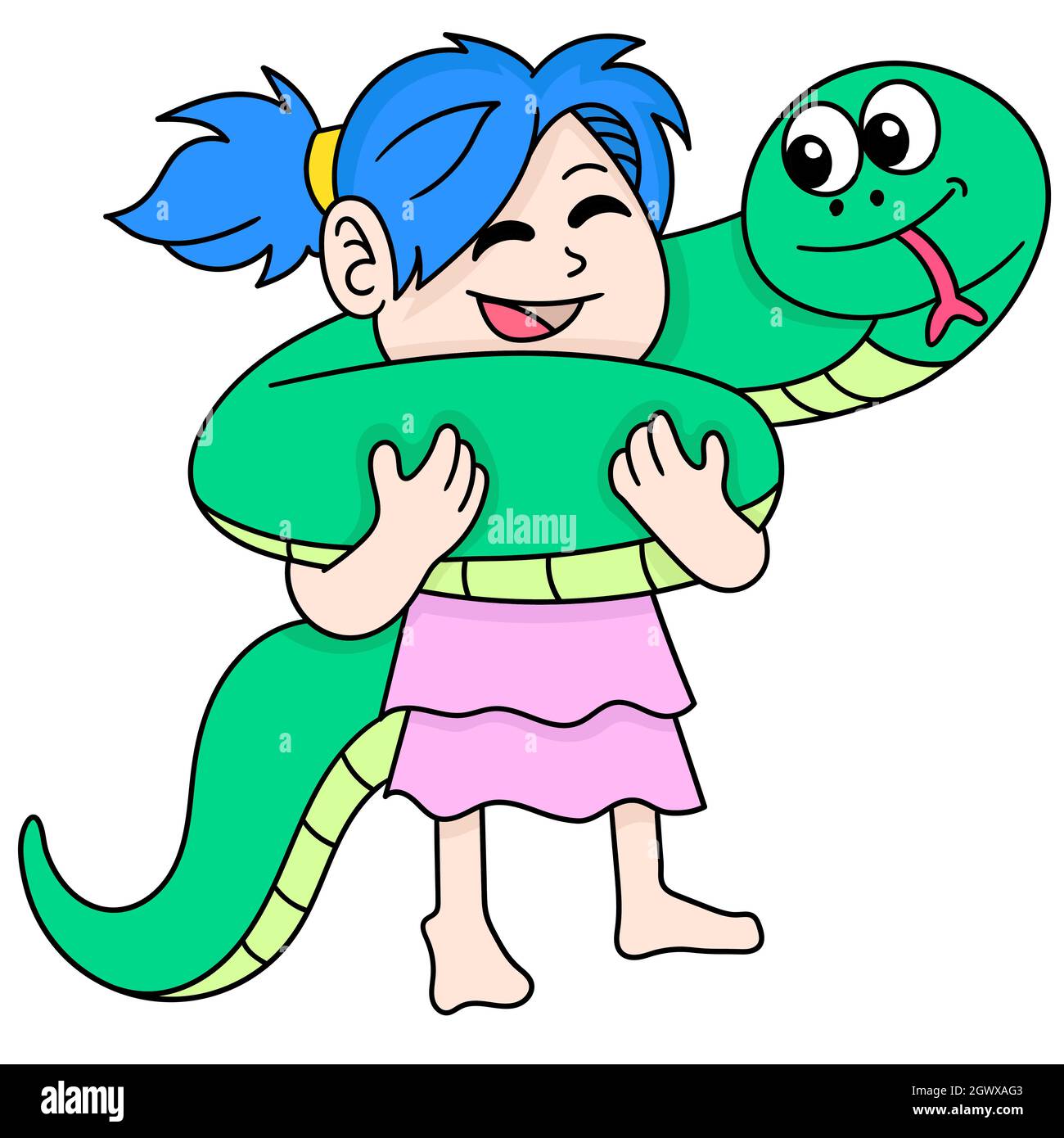 the girl playing with the big pet python Stock Vector