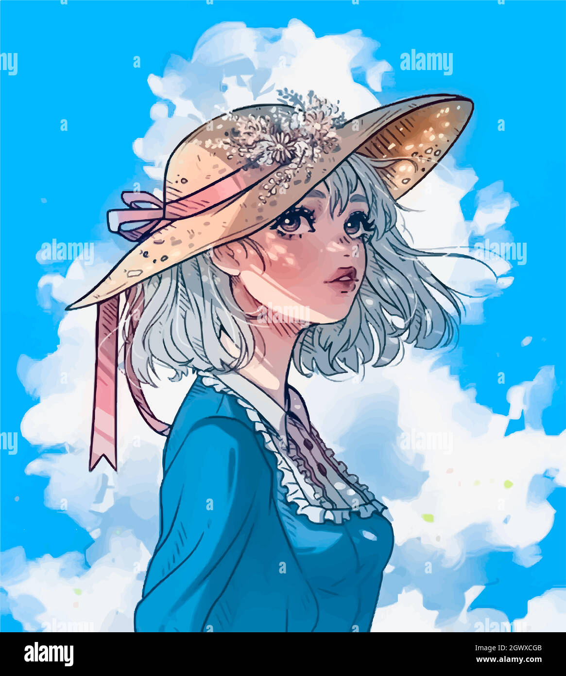 anime girl in a blue dress and hat with flowers against the sky Stock Vector