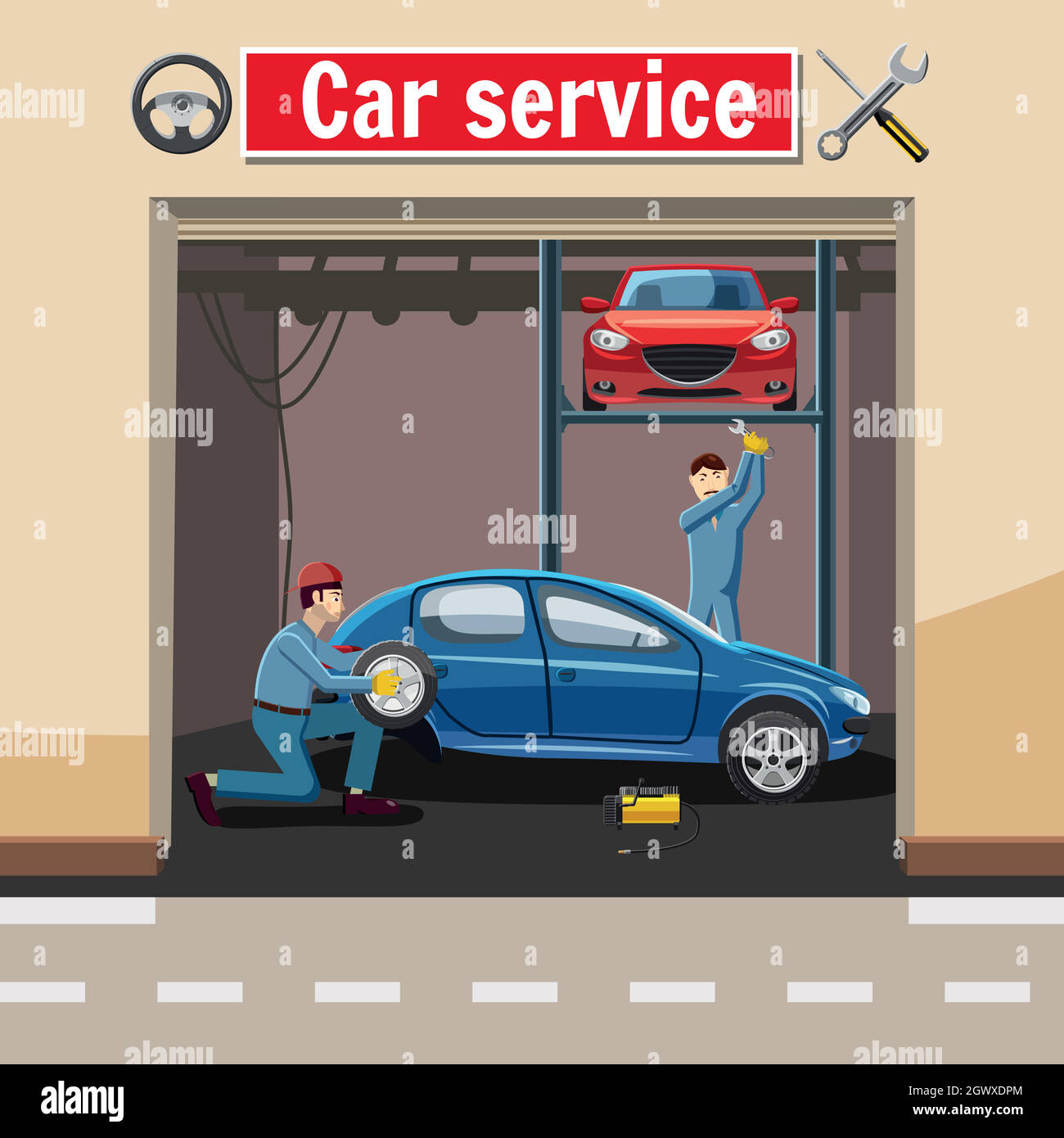 Car service station concept, cartoon style Stock Vector