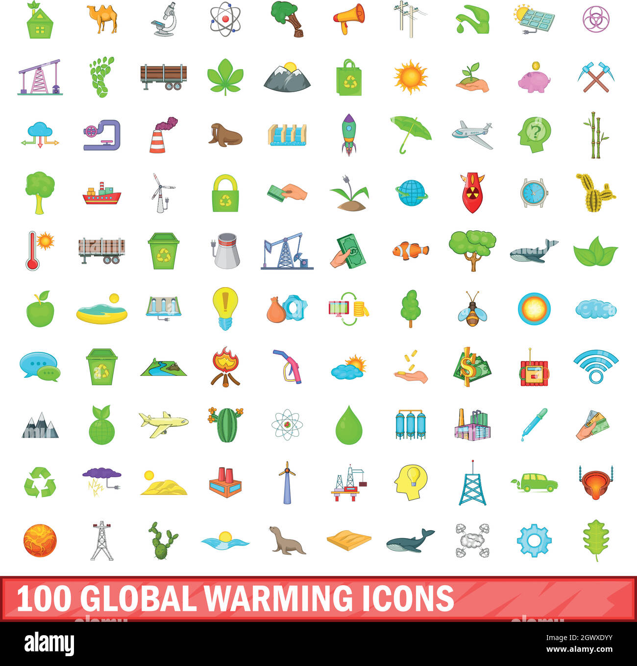100 global warming icons set, cartoon style Stock Vector