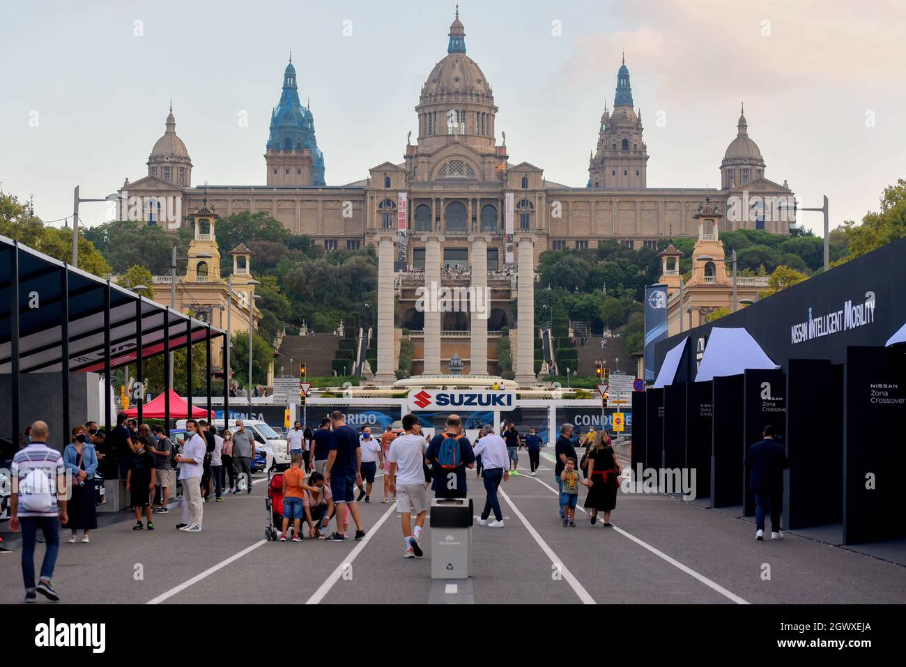 Barcelona, Spain. 03rd Oct, 2021. People walk through the test car driving  area at the Automobile Barcelona. The Automobile Barcelona is being held  after two years of the Covid-19 pandemic at the