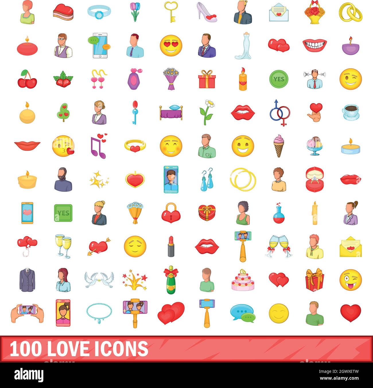 100 love icons set, cartoon style Stock Vector