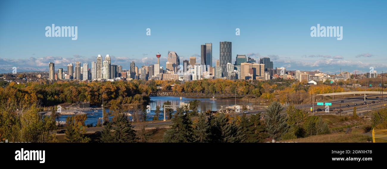 Panoramic view of Calgarys beautiful skyline along the Bow River in the ...